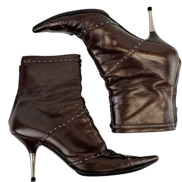 Dior John Galliano Leather Studded Pointed Toe Ankle Boots EU 38 Chocolate Brown - Picture 5 of 11